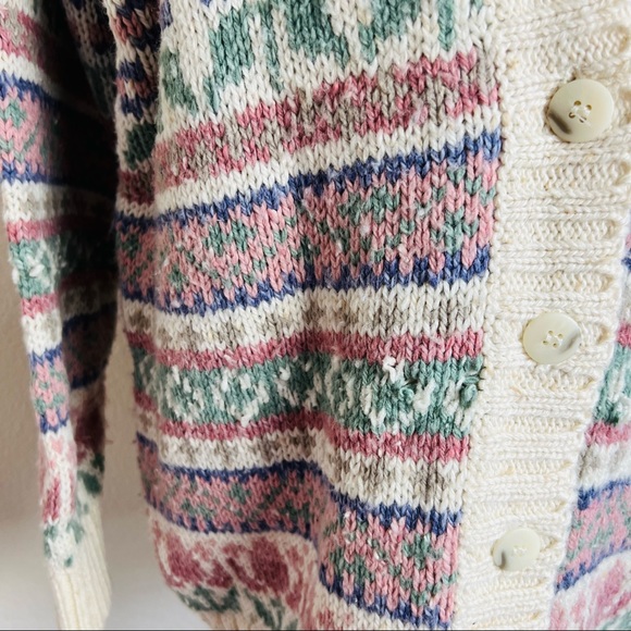 VTG Liz Sport Cream Pink & Light Green Chunky Button Up Cardigan Sweater - Picture 7 of 15